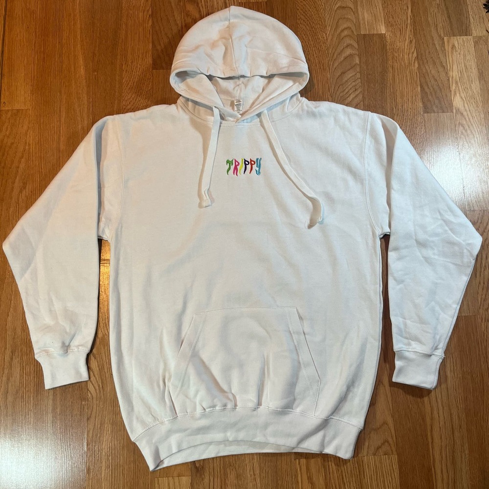 Trippy Embroidered White Pullover Fleece Hoodie Sweatshirt Size M New